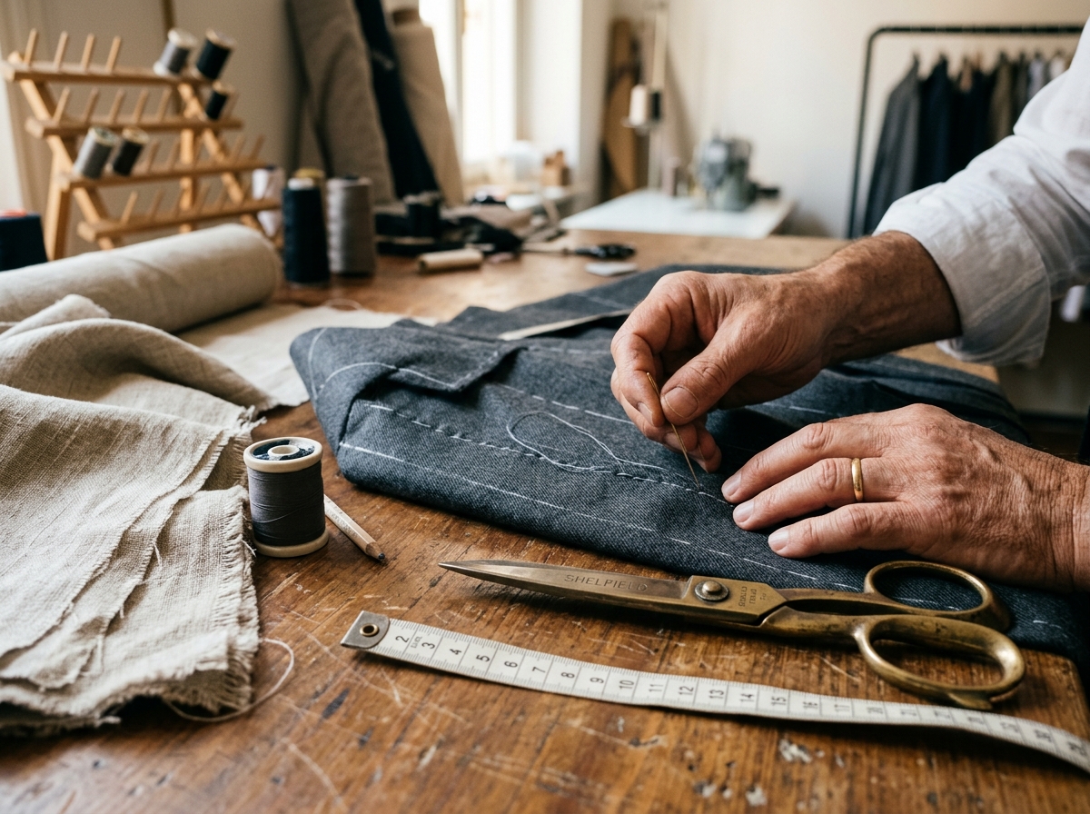 Artisan tailor stitching fine garment on wooden workbench at HOXPOR atelier